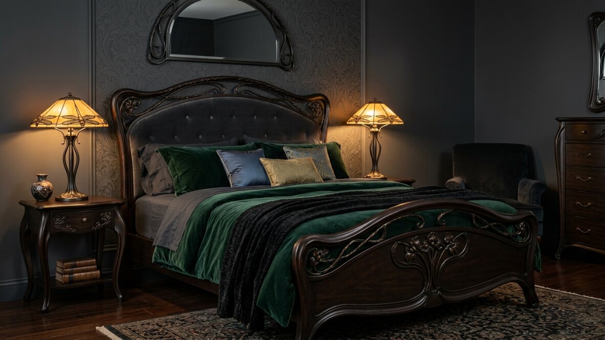 Black Nouveau Bedroom: Complete Design Guide & Inspiration Black Nouveau Bedroom interior design with dark walls, ornate furniture, and gold Art Nouveau accents